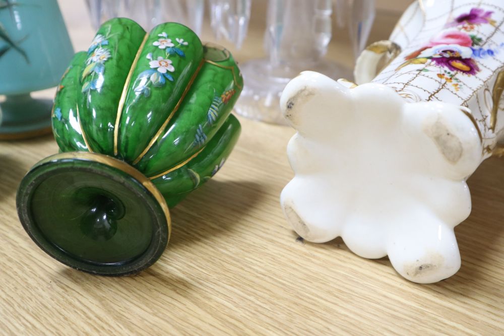 A pair of Victorian cut glass lustres, a pair of lidded glass jars, a basket and a porcelain vase